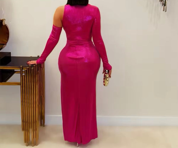 Women Pink Sexy Cut Out Full Sleeve High Split Maxi Dress