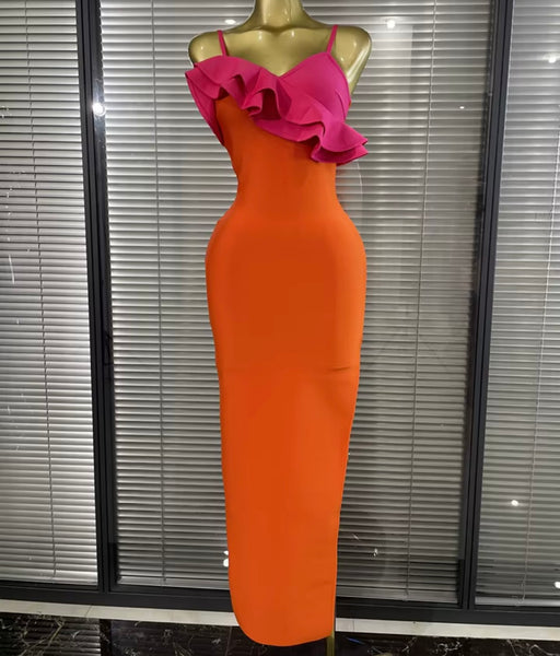 Women Sexy Sleeveless Orange Color Block Ruffle Maxi Dress