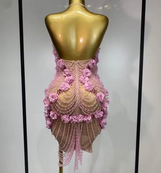 Women Sexy Pink Beaded Floral Rhinestone Halter Dress