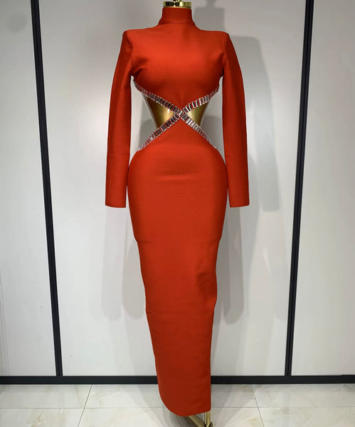 Women Sexy Red Crystal Turtleneck Open Back Maxi Dress