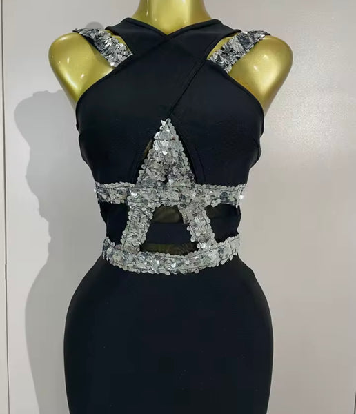 Women Black Sequins Sleeveless Sexy Maxi Dress