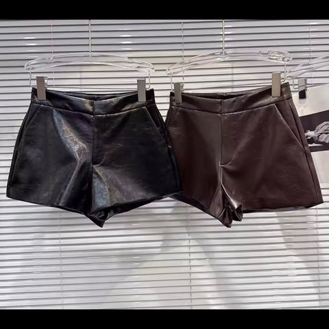Women Color Fashion Faux Leather Shorts