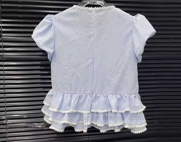 Women Sexy Blue Bow Ruffle Short Sleeve Two Piece Maxi Skirt Set