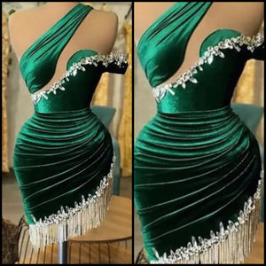 Women Sexy Green One Shoulder Rhinestone Tassel Dress