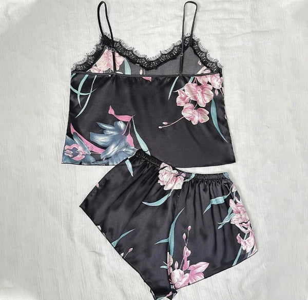 Women Black Floral Sexy Sleeveless Satin Lingerie Set