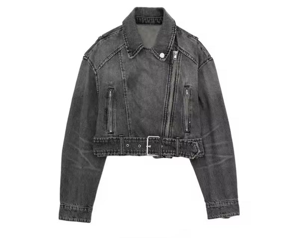 Women Fashion Gray Denim Buckled Zip Up Jacket