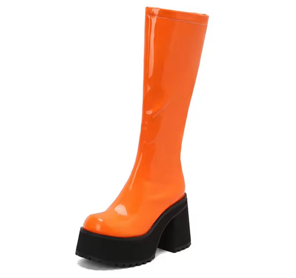 Women Color Fashion Platform Patent Leather Knee High Boots