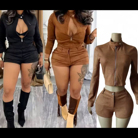 Women Suede Fashion Jacket Two Piece Short Set