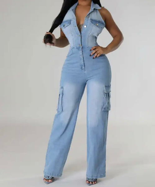 Women Sexy Fashion Button Up Halter Cargo Denim Jumpsuit