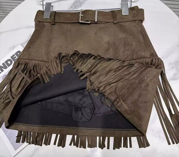 Women Color Fashion Sexy Suede Fringe Tassel Skirt