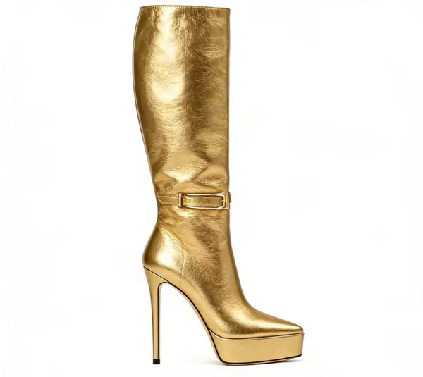 Women Pointed Toe Platform Buckled Knee Length High Heel Boots