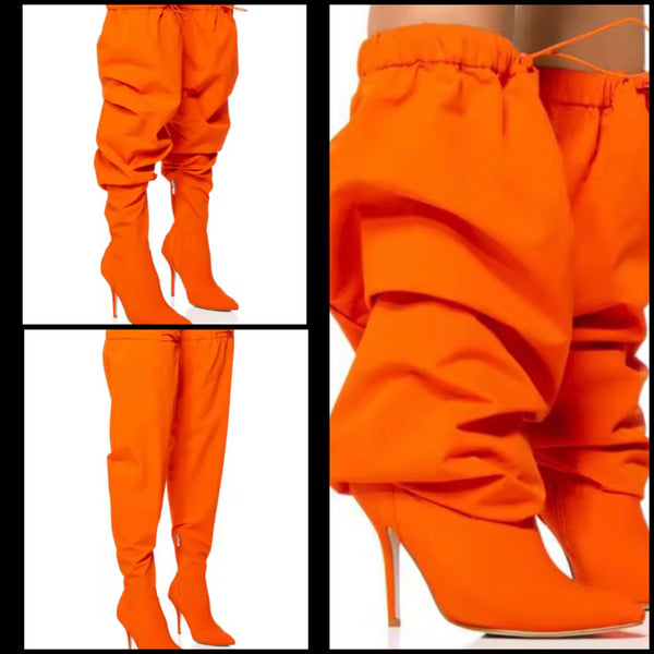 Women Fashion Orange Ruched Drawstring Over The Knee Boots