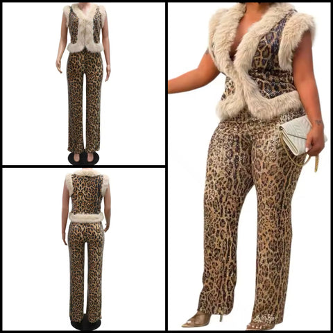 Women Fashion Leopard Faux Fur Sleeveless Sequins Two Piece Pant Set