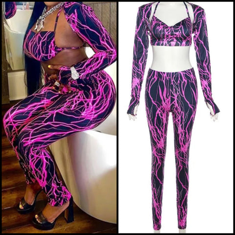 Women Fashion Color Patchwork Full Sleeve Two Piece Pant Set