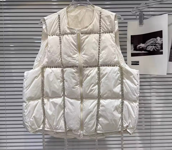 Women Color Rhinestone Tassel Fashion Puff Vest Jacket