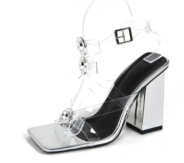 Women Open Toe Transparent Buckled Square Heel Sandals