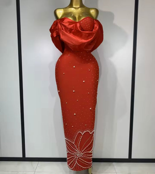 Women Red Sexy Strapless Pearl Rhinestone Maxi Dress