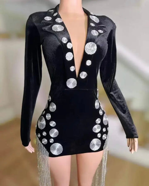 Women Sexy V-Neck Full Sleeve Black Bling Tassel Velour Dress