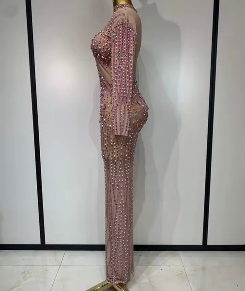 Women Sexy Beaded Rhinestone Full Sleeve Mesh Maxi Dress