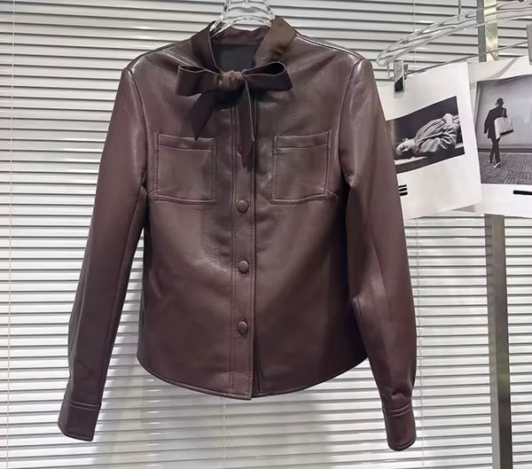 Women Brown Bow Button Up Full Sleeve Two Sleeve Ruffled Short Set