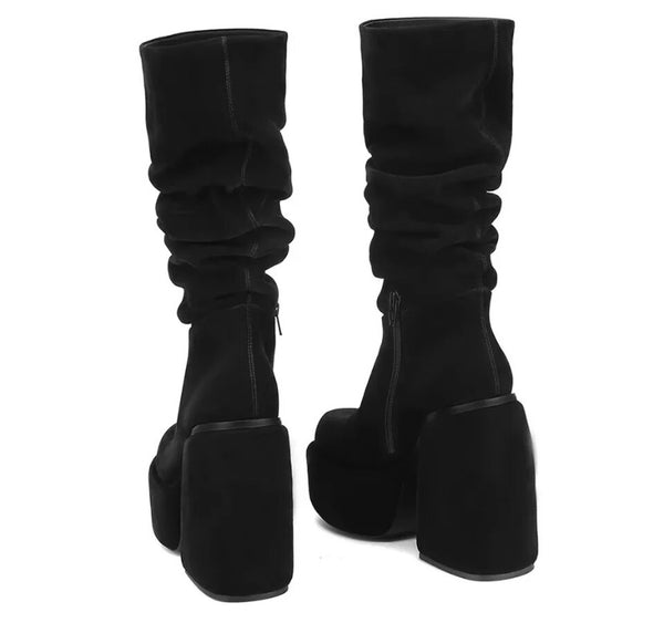 Women Fashion Suede Ruched Platform Square Heel Boots