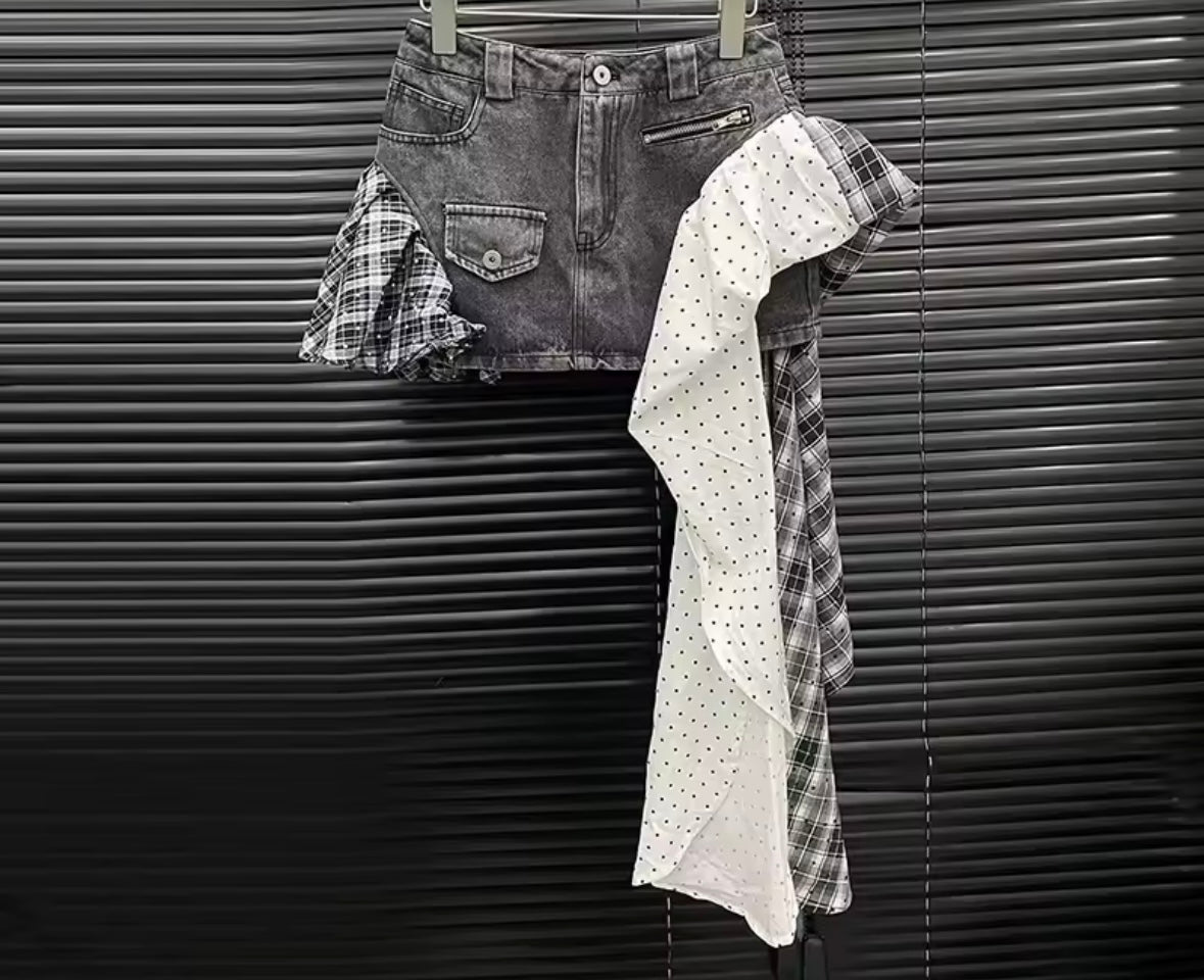 Women Fashion Polka Dot Plaid Denim Skirt