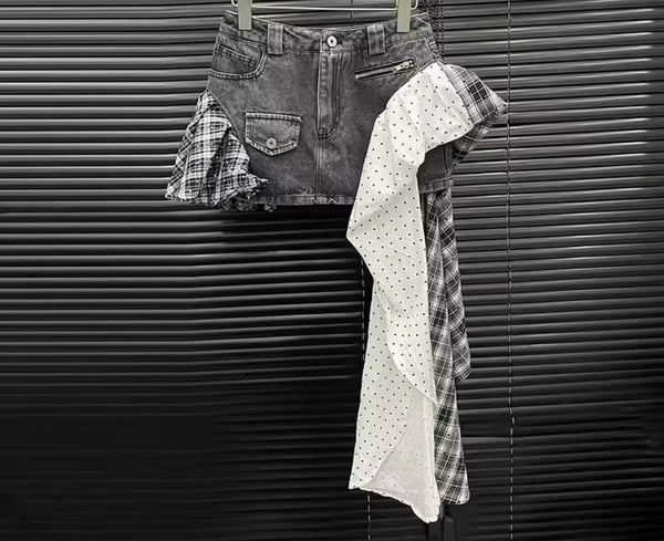 Women Fashion Polka Dot Plaid Denim Skirt