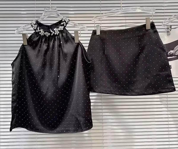 Women Rhinestone Halter Satin Sexy Two Piece Skirt Set