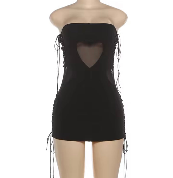 Women Sexy Black Strapless Heart Mesh Tie Up Dress