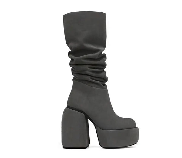 Women Fashion Suede Ruched Platform Square Heel Boots