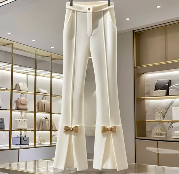 Women Fashion White Gold Bow Pants