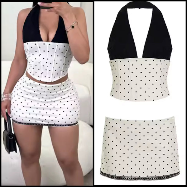 Women Sexy B&W Polka Dot Halter Two Piece Skirt Set