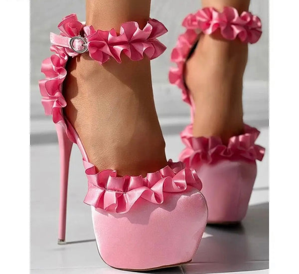 Women Fashion Ruffled Platform Ankle Strap High Heels