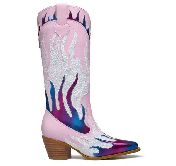 Women Fashion Pink Colorful Print Knee High Western Boots