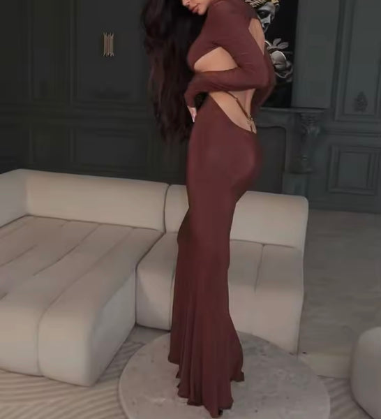 Women Sexy Brown Full Sleeve Open Back Maxi Dress