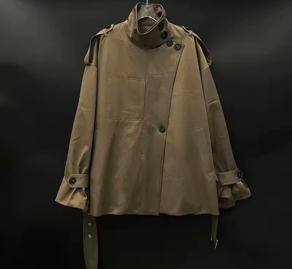 Women Brown Button Buckled Windbreaker Two Piece Pleated Skirt Set