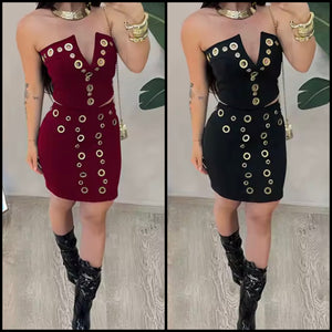 Women Sexy Strapless Color Metal Ring Two Piece Skirt Set