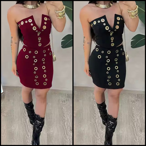 Women Sexy Strapless Color Metal Ring Two Piece Skirt Set