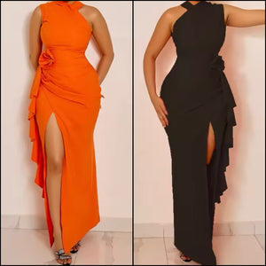 Women Sexy Sleeveless Solid Color Ruffled Split Maxi Dress