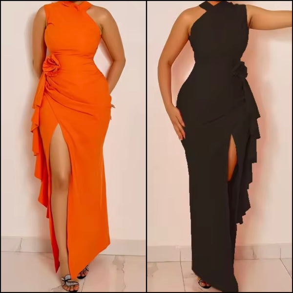 Women Sexy Sleeveless Solid Color Ruffled Split Maxi Dress