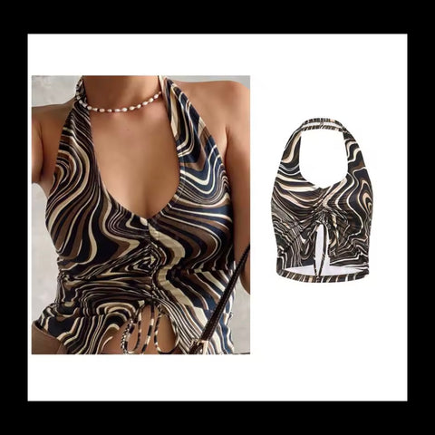 Women Sexy Multicolored Print Halter Sleeveless Crop Top