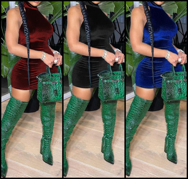 Women Sexy Backless Velour Halter Mini Dress