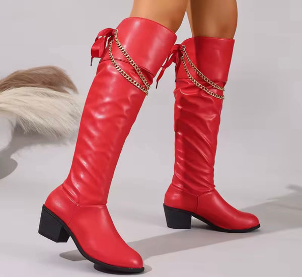 Women Fashion Red Chain Faux Leather Knee High Boots