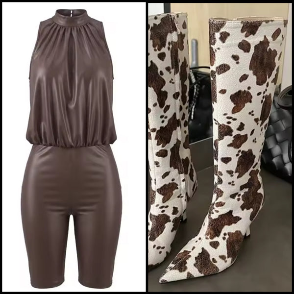 Women Fashion PU Sleeveless Romper