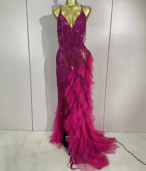 Women Halter Sleeveless Ruffle Rhinestone Tassel Maxi Dress
