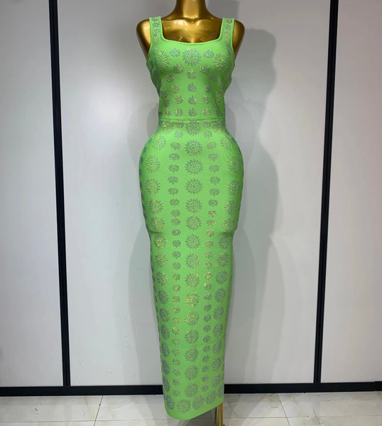 Women Color Bling Rhinestone Sleeveless Sexy Maxi Dress