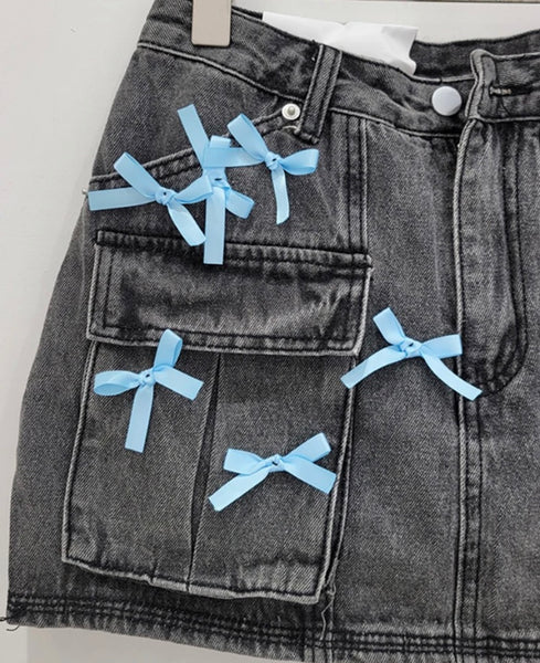 Women Sexy Fashion Color Bow Denim Skirt