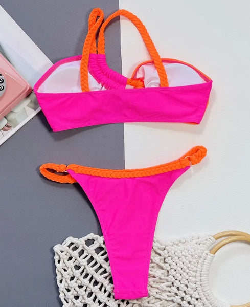 Women Sexy One Shoulder Color Patchwork Bikini Swimsuit