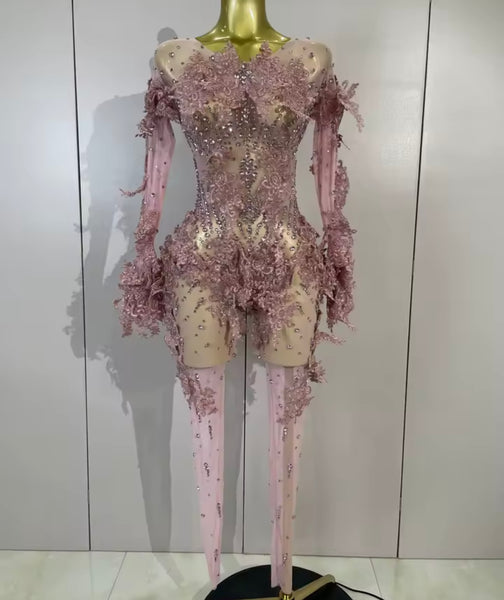 Women Sexy Pink Embroidered Rhinestone Full Sleeve Jumpsuit