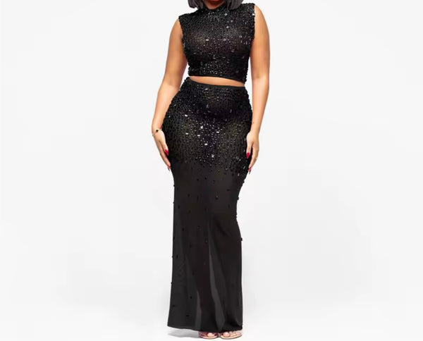 Women Sexy Color Sleeveless Crystal Mesh Two Piece Maxi Skirt Set